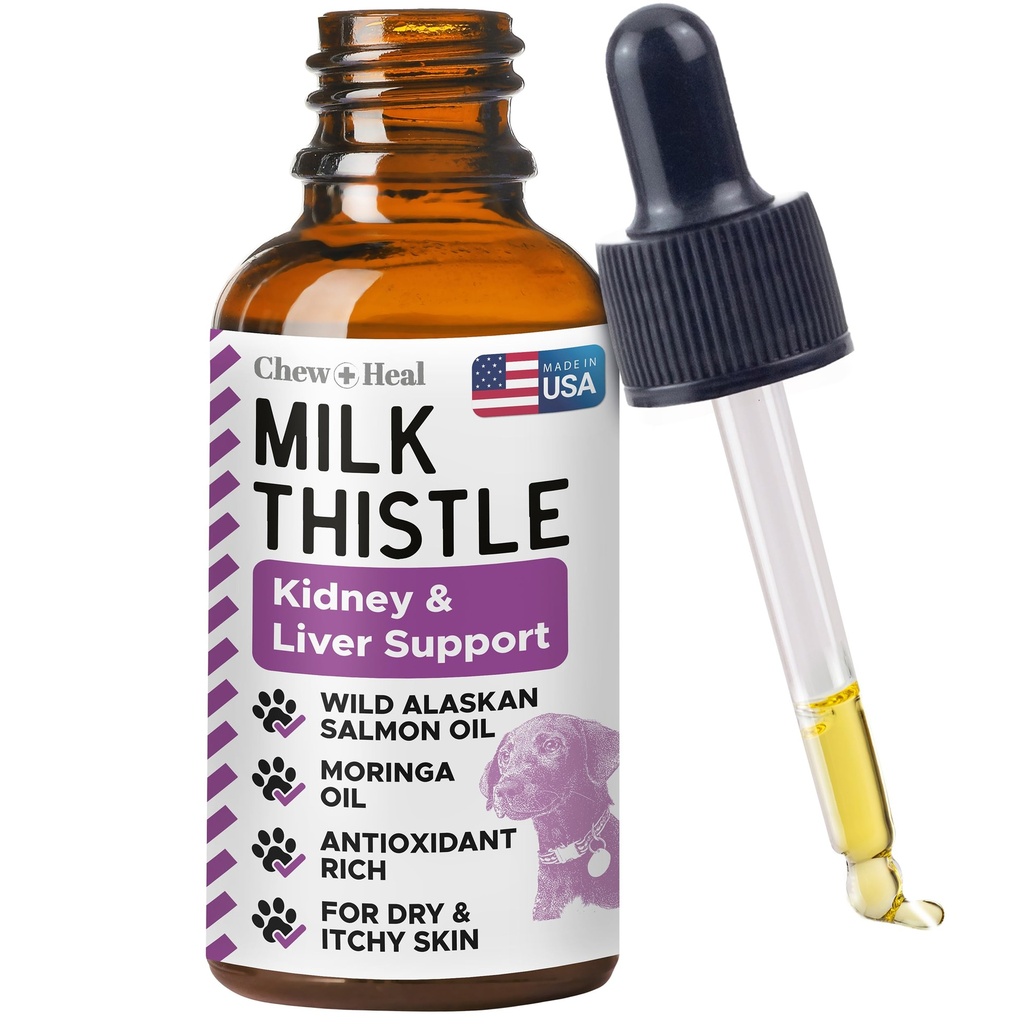 Maito Thistle koirille Maksa tuki - 2 oz Liquid Milk Thistle täydentää munuaisten ja maksan tukea - Wild Alaskan Salmon Oil ja Moringa Oil - valmistettu USA