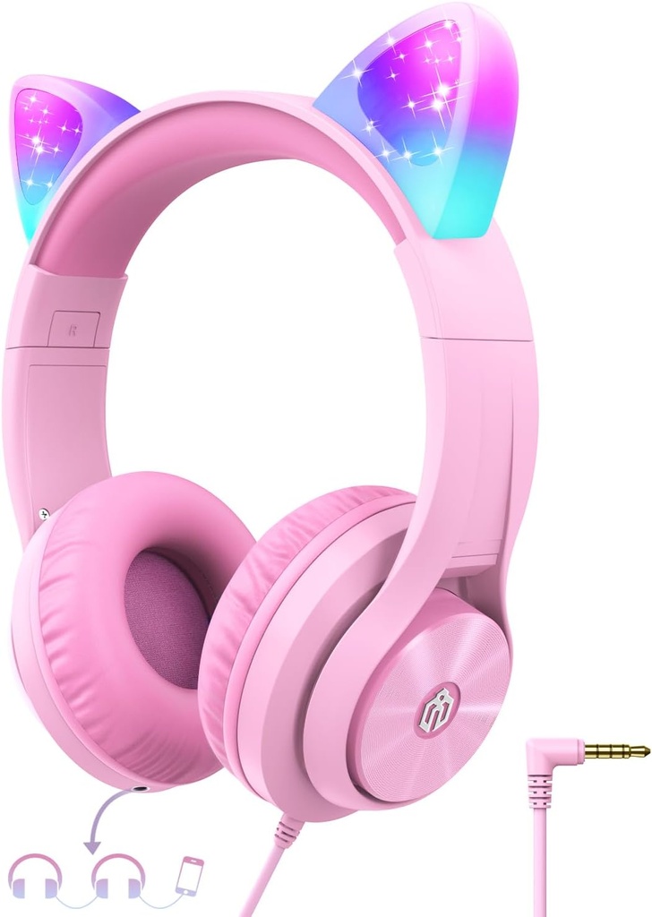 iClever Kids kuulokkeet Cat korva Led Light Up, turvallinen äänenvoimakkuuden raja, FunShare, Foldable, Over-Ear kuulokkeet lapsille koululle / iPad/Tablet/Matkailu, Meow Donut-Pink
