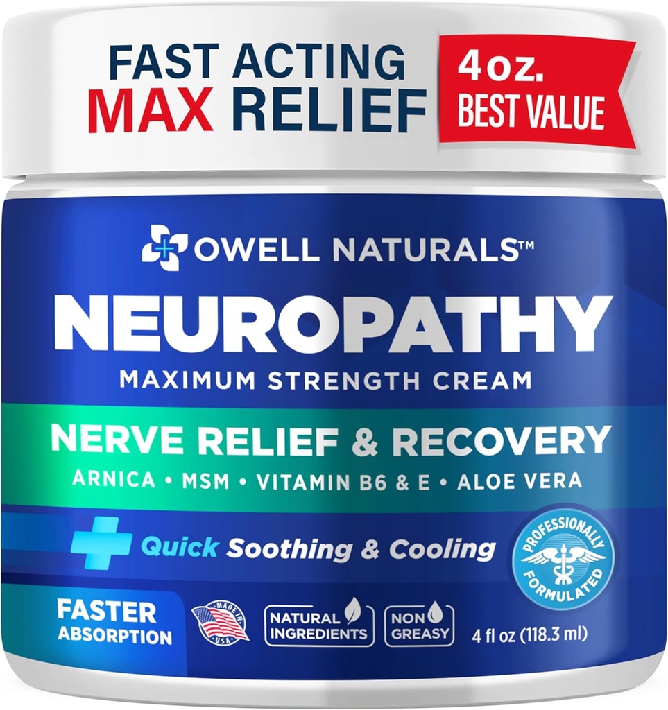Owell Naturals Neuropathy Nerve Relief Cream, Maximum Strength, Greaseless, Natural Ingredients Arnica, Aloe Vera, MSM, Vitamin B6 för fötter, händer, ben, tår obehag, 4 Fl Oz (Pack av 1)