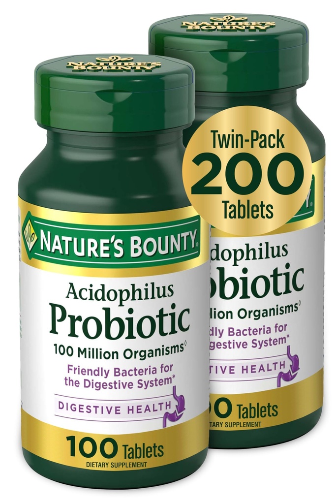 Naturens Bounty Acidophilus Probiotic, Daily Probiotic Supplement, Digestive Health, 200 tabletter, Twin Pack