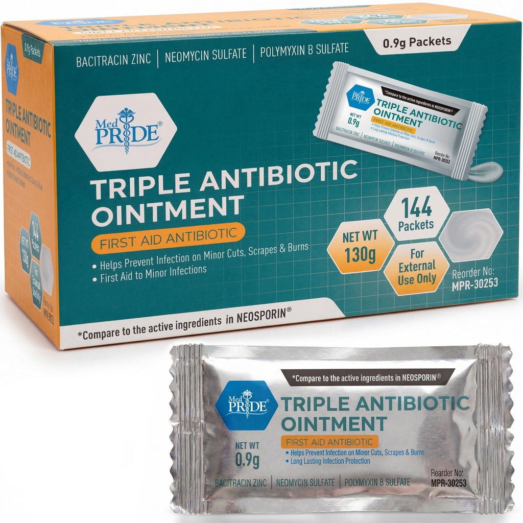 MED PRIDE Triple Antibiotic Ointment Packets Bulk 144 X 0,9g, Individuella antibiotiska salvapaket för burns, skär, sårvård