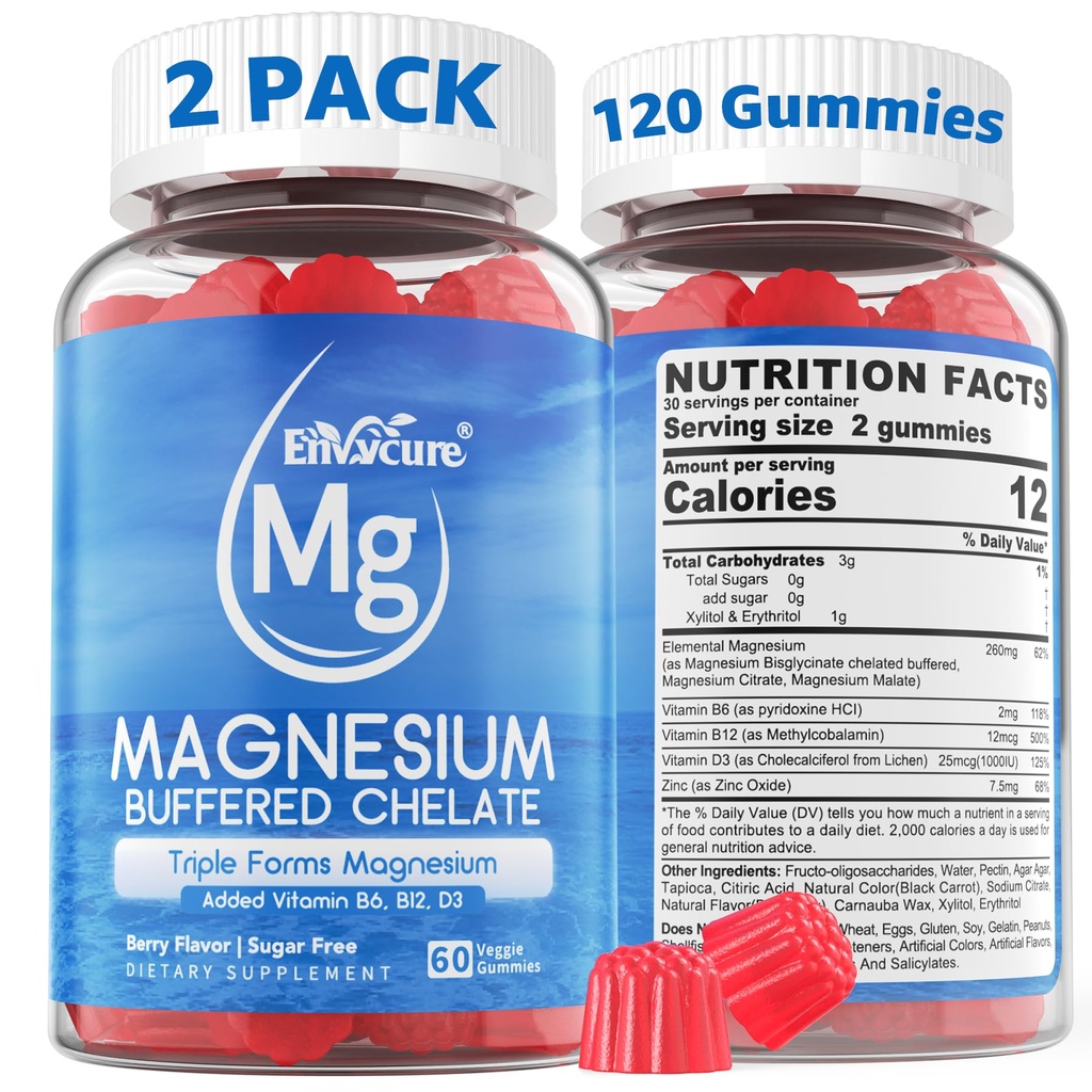 Magnesium Gummies - Triple Magnesium Complex, Magnesium Glycinate Gummies ... Magnesium Glycinate, Malate, Citrate w/ D3 B6 B12, rauhoittaa, nukkua ja lihaskramp...