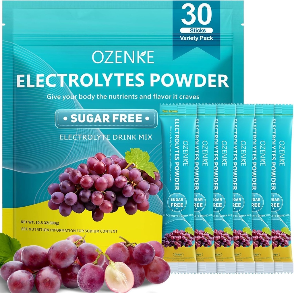 Elektrolyytit Powder Packets, 30 Sticks Hydration Packets Sugar Free, Electrolyte Drink Mix Portable Electrolyte Packets for Rapid Hydration, 0 Sokeri & 0 Kalori, Rypäleen maku