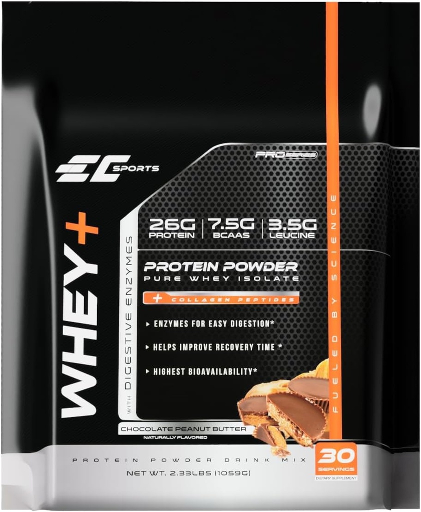 EY Sports Whey+ Protein Powder, Chocolate Peanut Butter Mix w/Digestive Enzymes - Isolate Supplement, Collagen Peptides w/ Swift Reform - 30 Tarjoilut