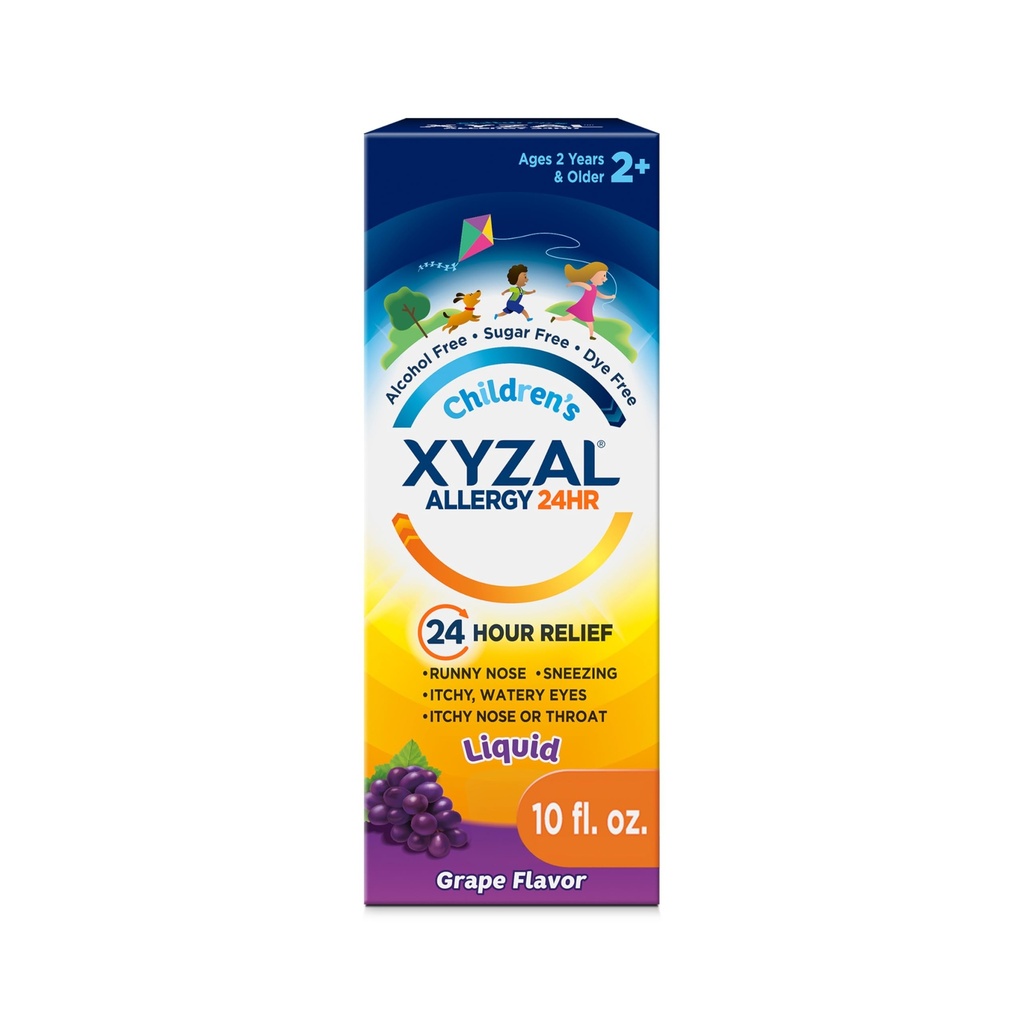 Xyzal Children's 24 hour Allergy Relief Medicine for Kids, Levocetiritsiini Dihydrokloridi Liquid Antihistamiini, Grape, 10 Fl. oz.