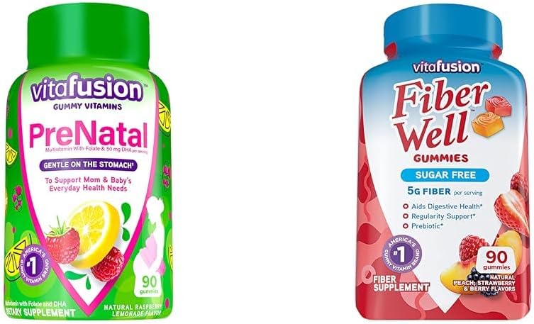 Vitafuusio Prenatal Gummy Vitamiineja, Vadelma sitruunaa Maku, Raskaus Vitamiinit naisille & Kuitu Hyvin Sokerittomia Kuitu täydentää, Persikka, Mansikka ja BlackBerry makuinen
