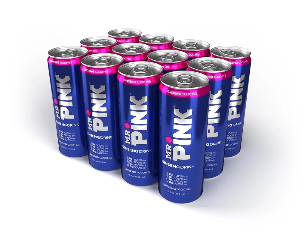 Mr. Pink Original Ginseng Drink - Natural Herbal Supplement for Energy and Focus, 12-Pack Liquid Boost, Rikas B-Vitamins