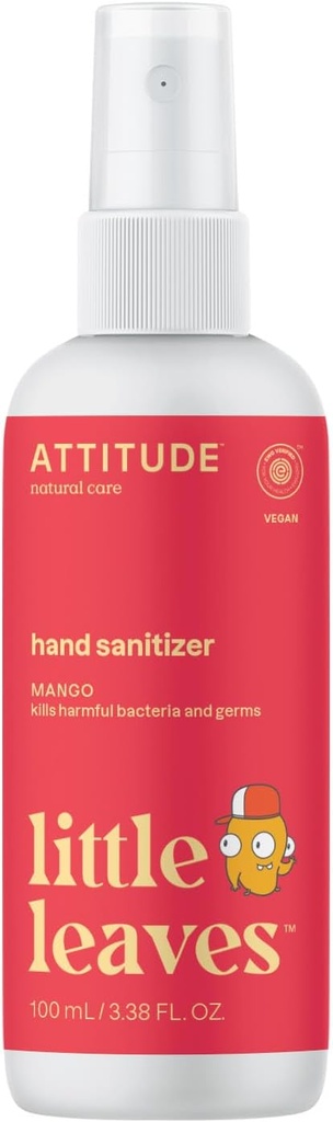 ATTITUDE Käsi Sanitizer Spray lapsille ja aikuisille, EWG Varmennettu, Matkan koko, ihotestattu, kasvi- ja mineraalipohjaiset, vegaaninen, mango, 3.5 Fl Oz (Spray Bottle)