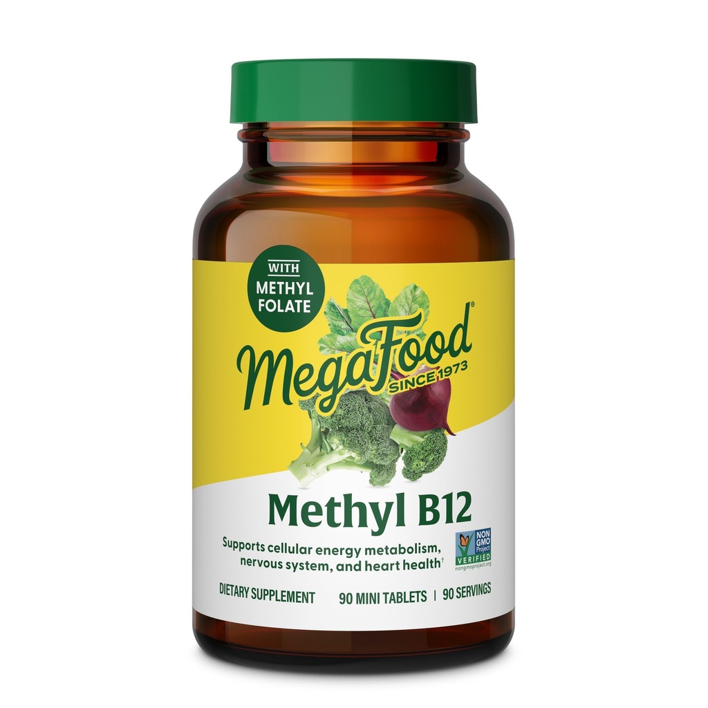 MegaFood Methyl B12 - Vegaani - sisältää metyylifolaattia, B12-vitamiinia ja B6-vitamiinia - tukee solujen energiantuotantoa, hermoston terveyttä ja kardiovaskulaarista toimintaa - 90 tablettia