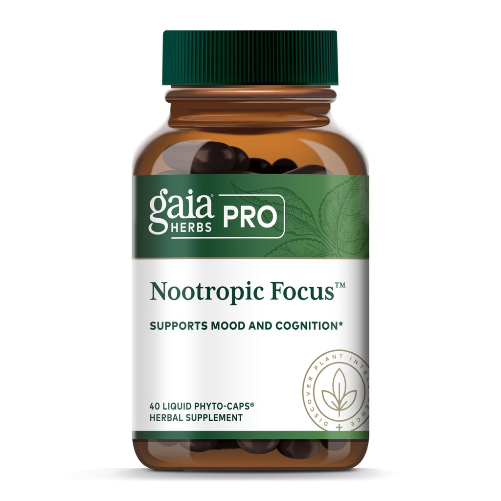 GAIA HERBS PRO Nootropic Focus - Aivojen terveyden tuki täydentää * - Nootropic Supplement with Saffron, Ginkgo Leaf Extract & Lemon Balm - Vegaani, Gluteeniton - 40 Liquid Phyto-Caps (20 tarjoilua)