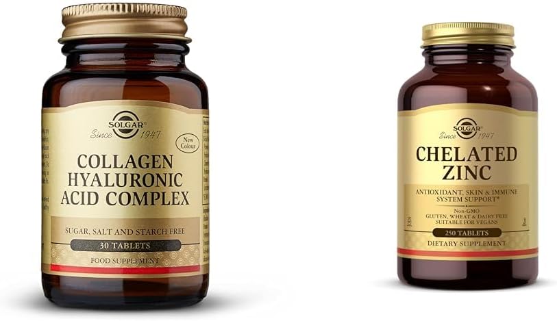 SOLGAR Collagen Hyaluronic Acid Complex, 30 tablettia - Hydrolysoitu kollageeni tyyppi 2 - Auttaa & kelated Sinkki, 250 tablettia - Sinkki terveelle iholle - tukee solujen kasvu & DNA Formaatio