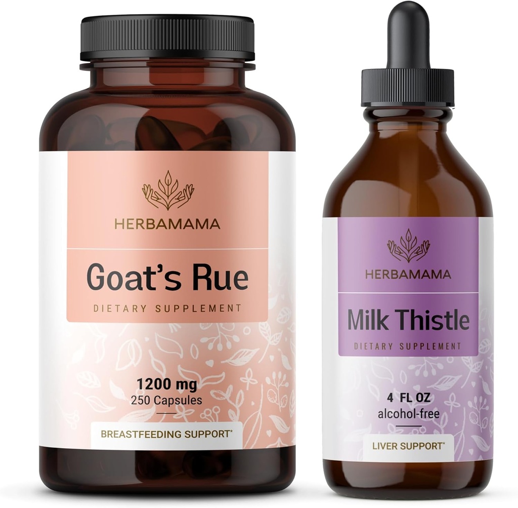 HERBAMAMA Goat's Rue and Milk Thistle Kit - Bundle of 1200 mg Goat's Rue Capsules & Milk Thistle Liver Detox Drops 4 fl oz - Vegan, non-GMO, sokeria & alkoholiton - 2 pakkaus