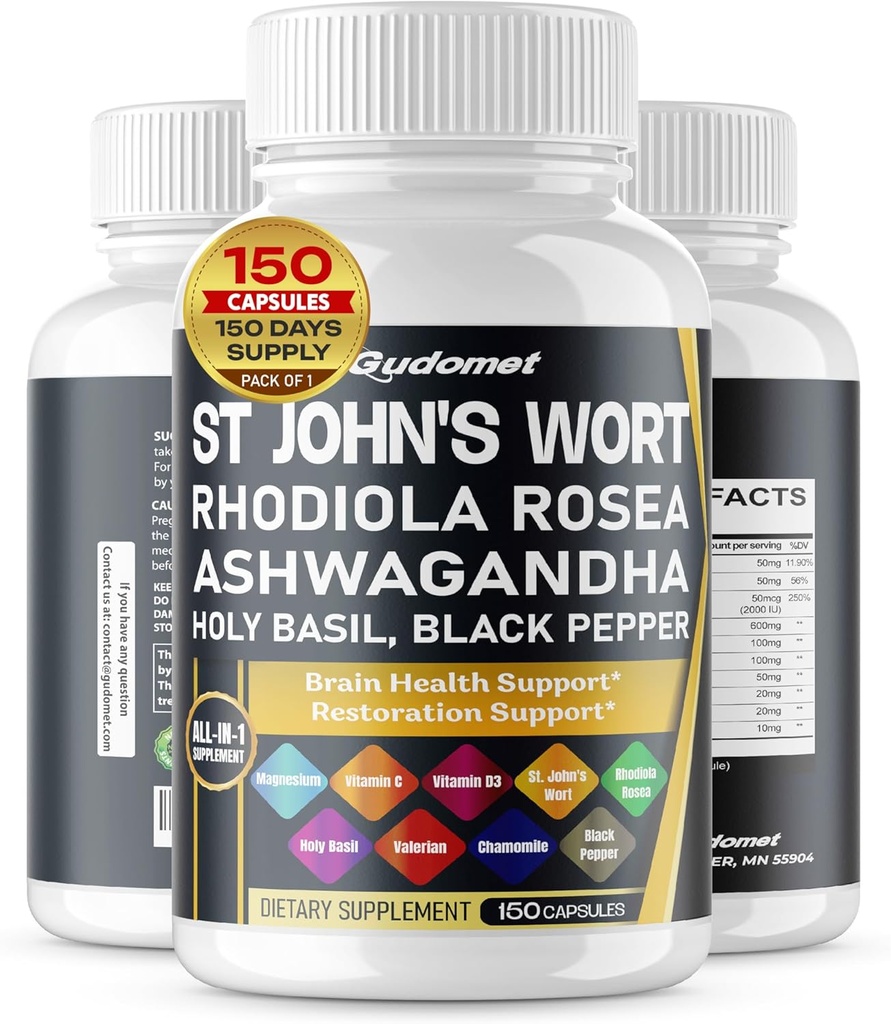St. John's Wort Rhodiola Rosea Ashwagandha Holy Basil Valerian Chamomile Black Pepper -150 kapselia - valmistettu Yhdysvalloissa