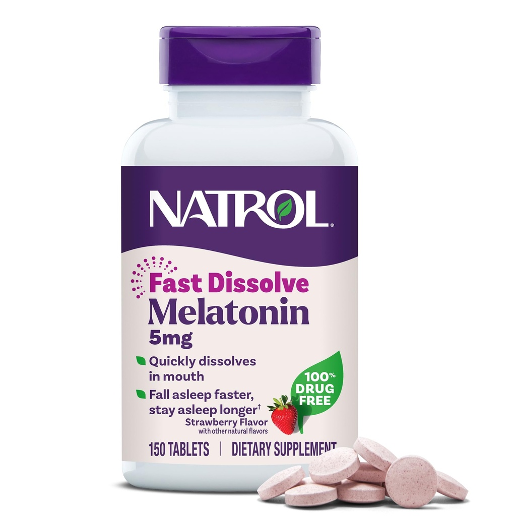 Natrol Melatoniini 5 mg Nopea liuotus tabletteja, uni tuki täydentää aikuisille, mansikka maku, 150 tablettia, 150 päivän asti