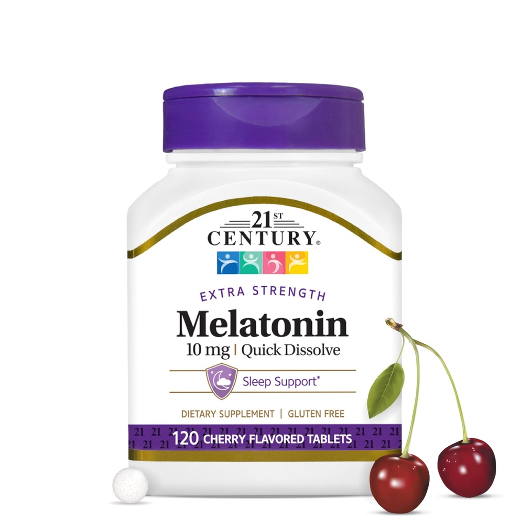 21st Century Melatoniini 10 mg Extra Strength, 120 Count, nopeasti ratkaista uniapu aikuisille, edistää rentoutumista ja levollinen uni, Non-Habit Forming, Gluteeniton, kirsikka maku