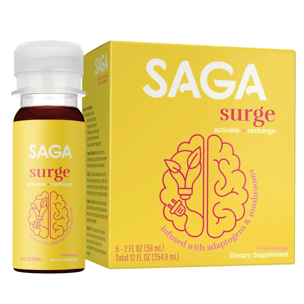 SAGA SURGE Organic Energy Shots | Performance Drink | Yerba Mate & Alpha GPC Supplement med CoQ10, Turmeric & Mushrooms | Pre Workout Boost Drink för fokus, uthållighet och prestanda | 2oz Peach Mango