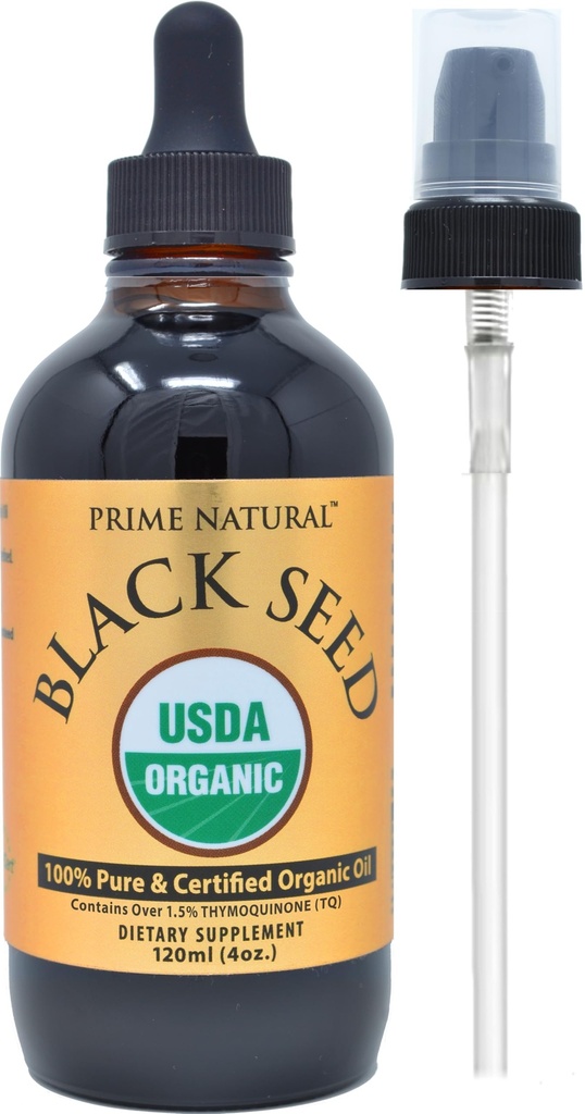Prime Natural Organic Black Seed Oil 4oz - Kylmäpuristettu Käsittelemätön Korkea Thymokinoni 1,7% USDA Certified - Turkin alkuperä Potent Nigella Sativa Liquid - Vegaani Omega 3 6 9, Antioksidantti