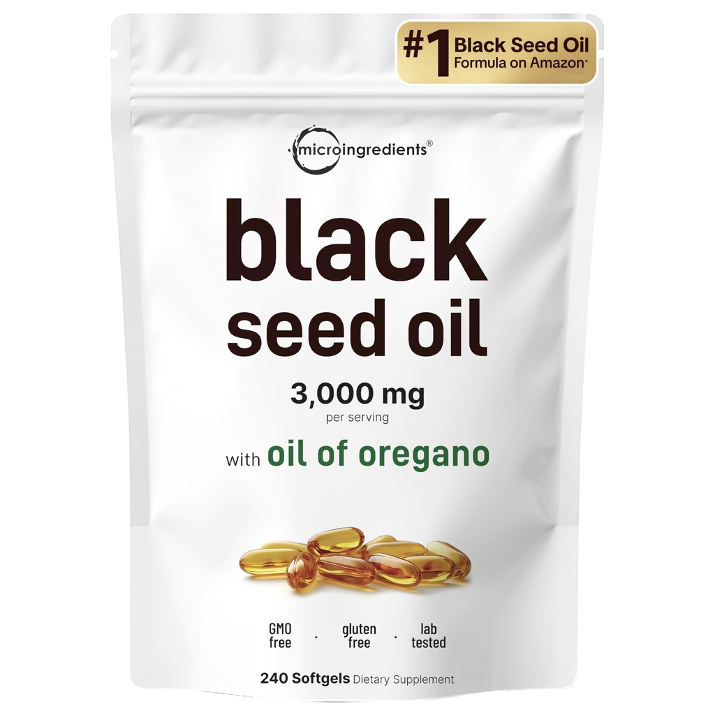 Micro Ingredients Black Seed Oil Softgels, 3 000mg, 240 greve | 2-i-1 Formel med Oil of Oregano, Carvacrol & Thymoquinone | Plant Based, Non-GMO