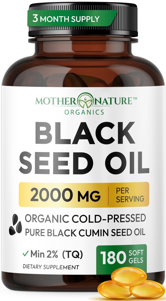Black Seed Oil Capsules 2000mg Per Serving, Organic Cold Pressed Black Cumin, High TQ, Immuuni & Joint Support, 180 Count (3 kuukauden toimitus)