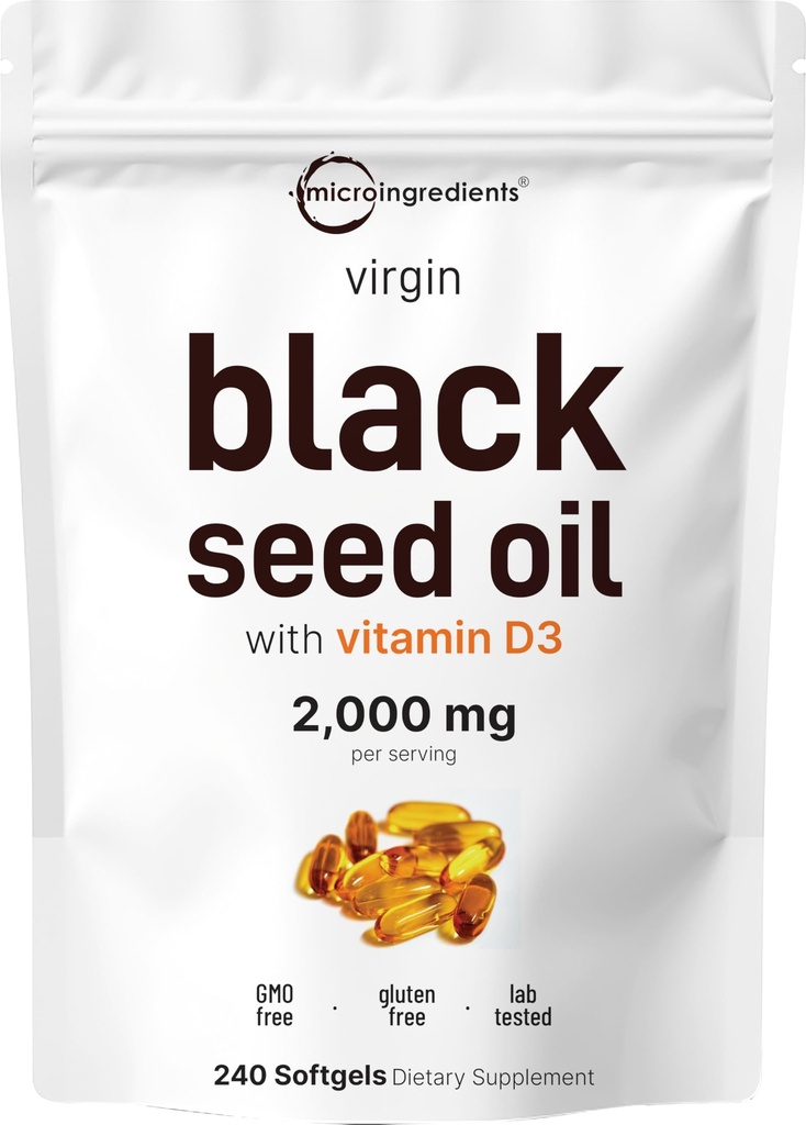 Micro Ingredients Black Seed Oil med vitamin D3 1000 IE, 240 Softgels | 2 000 mg Black Seed Oil Per Serving | Nigella Sativa Oil | 2-i-1 Orafined Seed Oil Formel | Non-GMO, cGMP Tillverkad