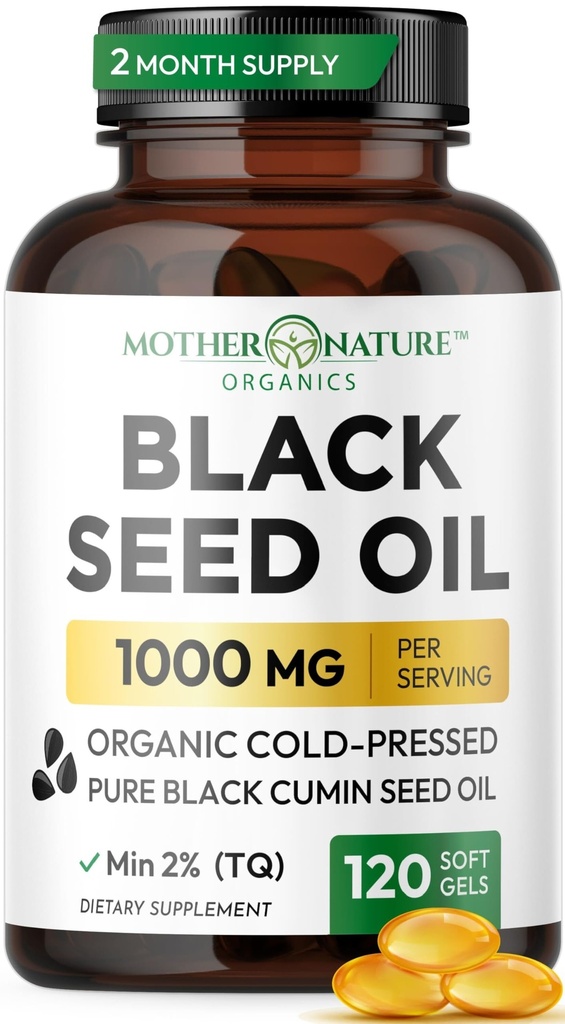 Black Seed Oil Kapselit 1000mg, Organic Cold Pressed Black Cumin, High TQ, Immuuni & Joint Support, 120 Count (2 kuukauden toimitus)