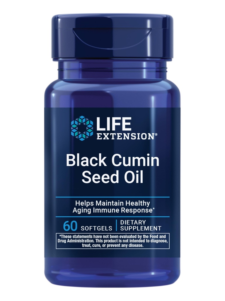 Life Extension Black Cumin Seed Oil, Black Cumin, Immuno Health Support, koko kehon terveys, Terve ikääntyminen, Gluteeniton, Ei-GMO, 60 pehmogeeliä