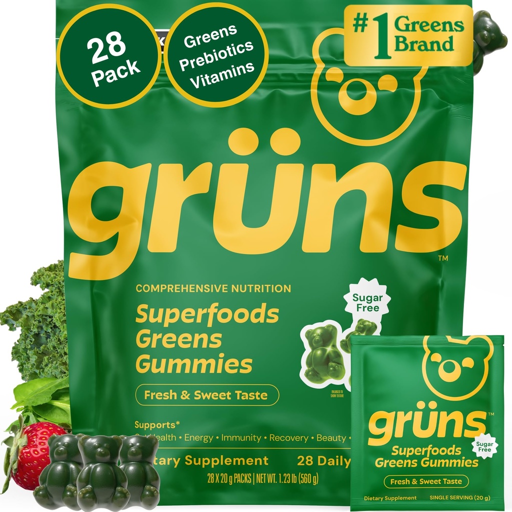 Gruns Adult Sugar-Free Super Greens Multivitamin Gummies, Superfood Gummy Vitaminer för kvinnor och män med Spirulina, Chlorella, Adaptogens & Prebiotic Fiber för Digestive Health (28 Count)