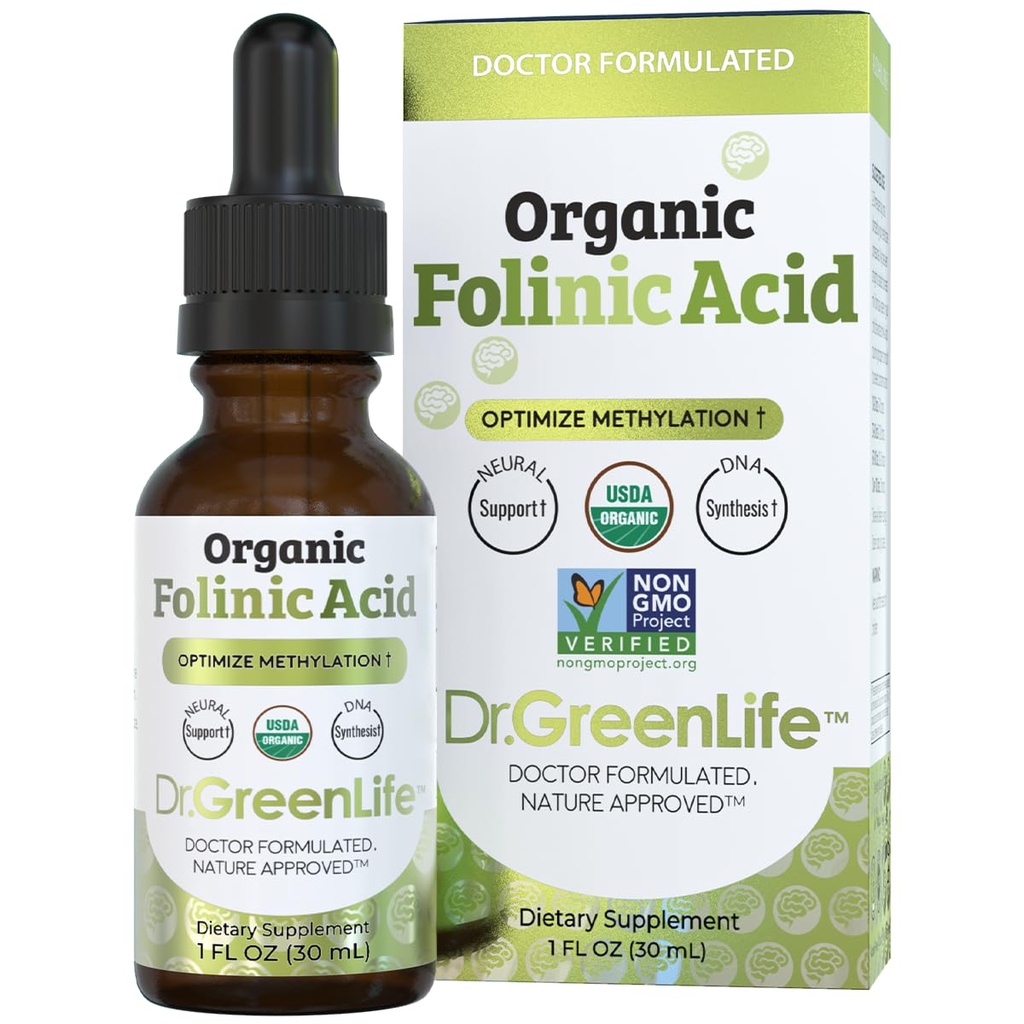 Dr. Green Mom USDA Organic Folinic Acid Drops - 500 mikrog per pudotus ... Methylation Support B9 täydentää lapsille ja aikuisille... tukee neurologisia toimintoja, hermoston terveys & DNA-synteesi