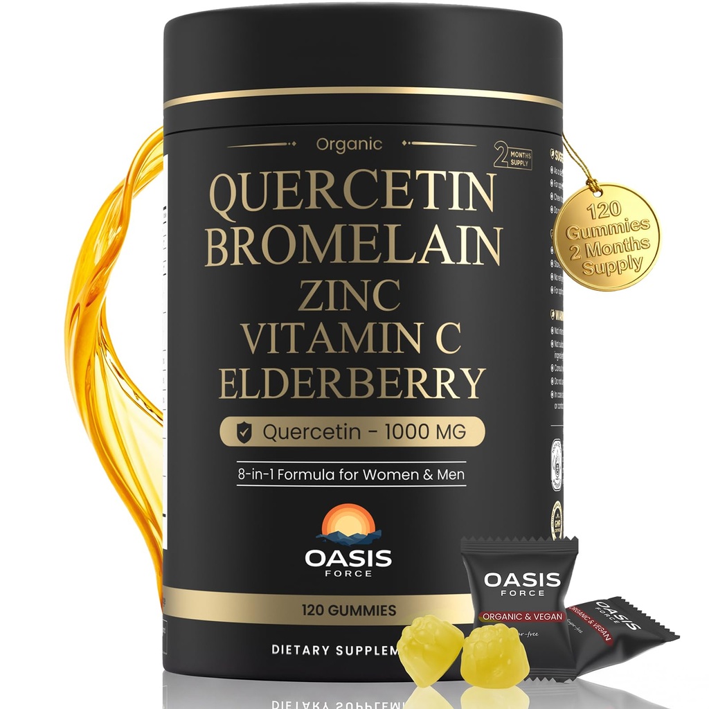 8-i-1 Quercetin med Bromelain Gummies 1000mg, High Potency Organic Quercetin Supplement med Zink & Vitamin C, Elderberry, Seasonal Wellness & Immune Support, Vegan, Sugar Free, 120 Gummies