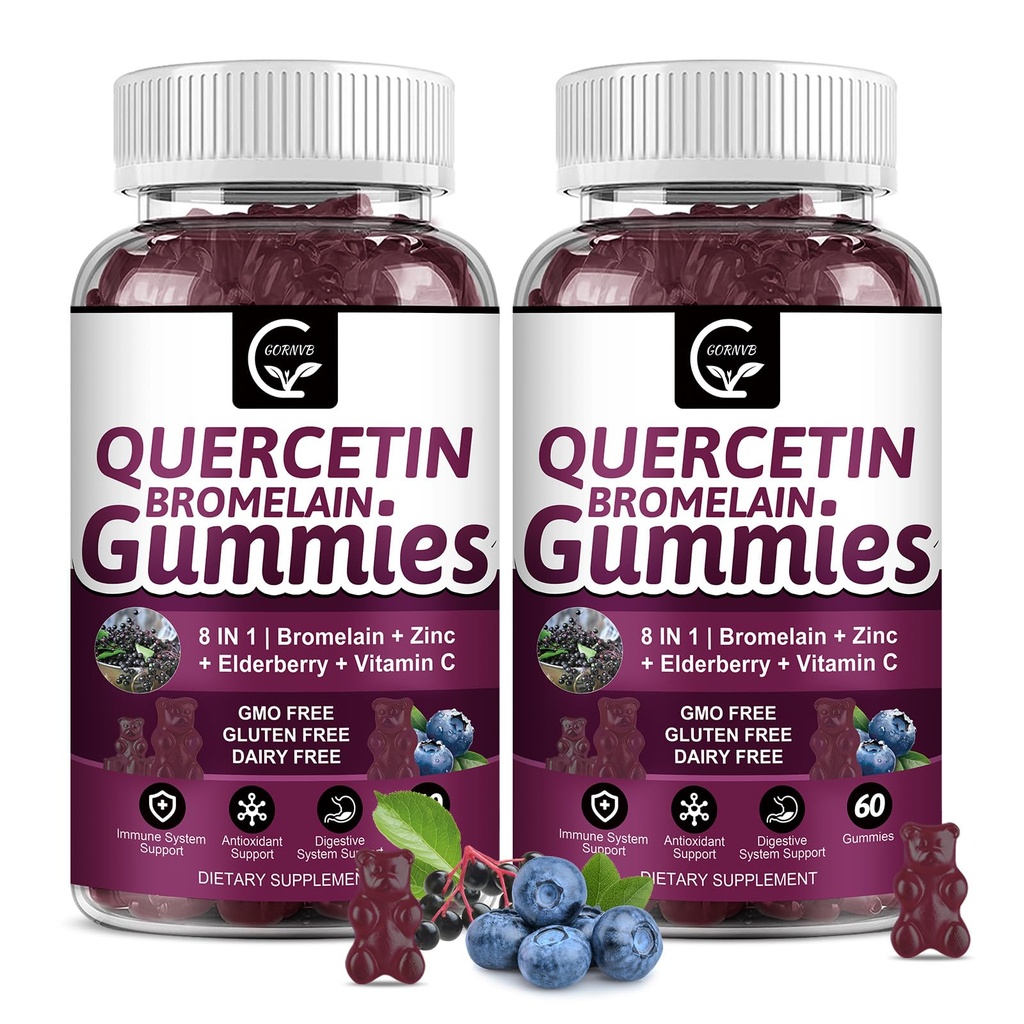 (2 pakkaus) Quercetin Gummies - Quercetin ja bromelain 2378 mg - sekoitus Elderberry, Echinacea Purpurea Extract, sinkki, C-vitamiini, D3,K2, Complex tukee immuuni-, kardiovaskulaari- ja hengitystoiminto