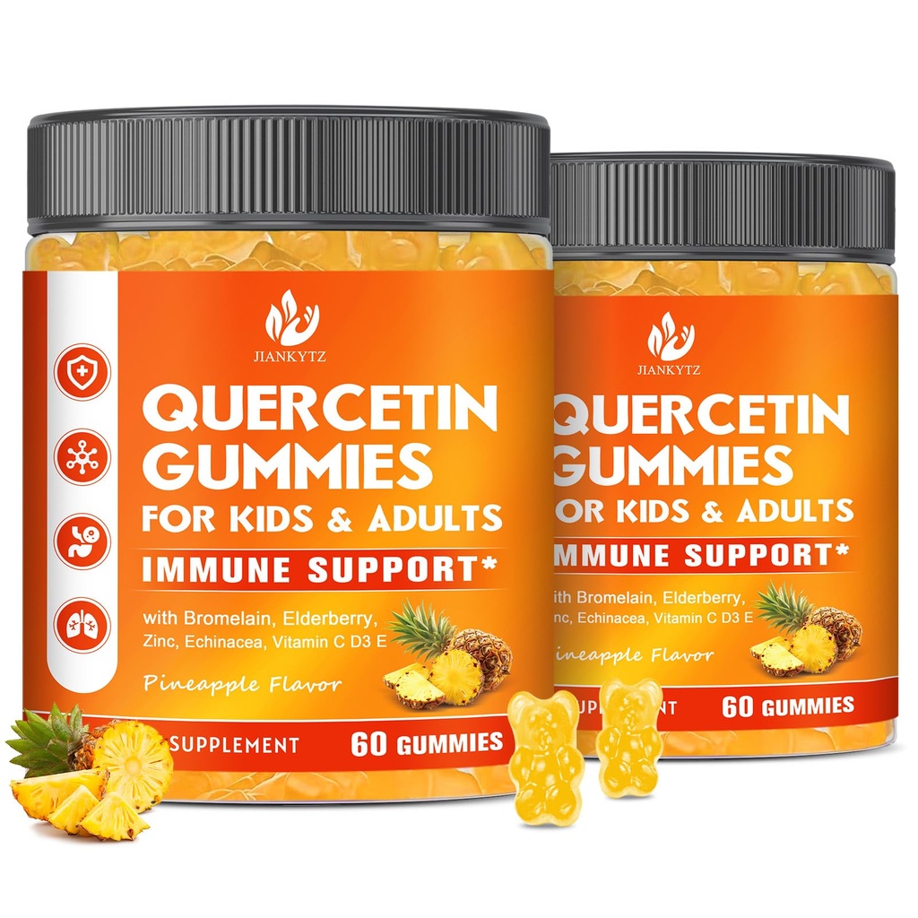 (2 Pack) Sockerfri Quercetin med Bromelain Gummies för barn & vuxna - Immun, Antioxidant, säsongsstöd, 1000mg Quercetin Supplements med Bromelain, Zink, Elderberry, Vitamin C D3 E, 120 Count