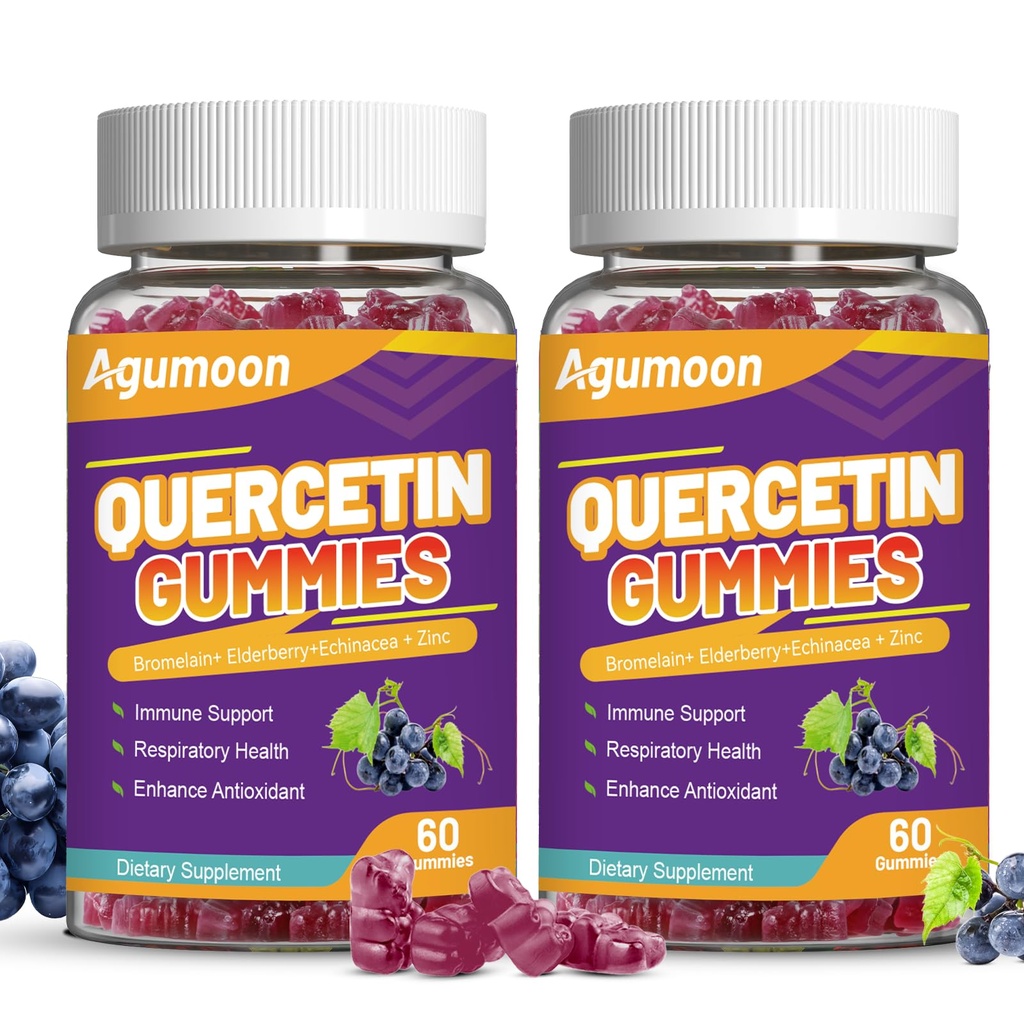 2 pakkaus Quercetin Gummies, 1000 mg Quercetin ja bromelainsinkki Elderberryn, immuuni- ja antioksidanttituen, vegaaniset Gummies aikuisille ja lapsille, 120
