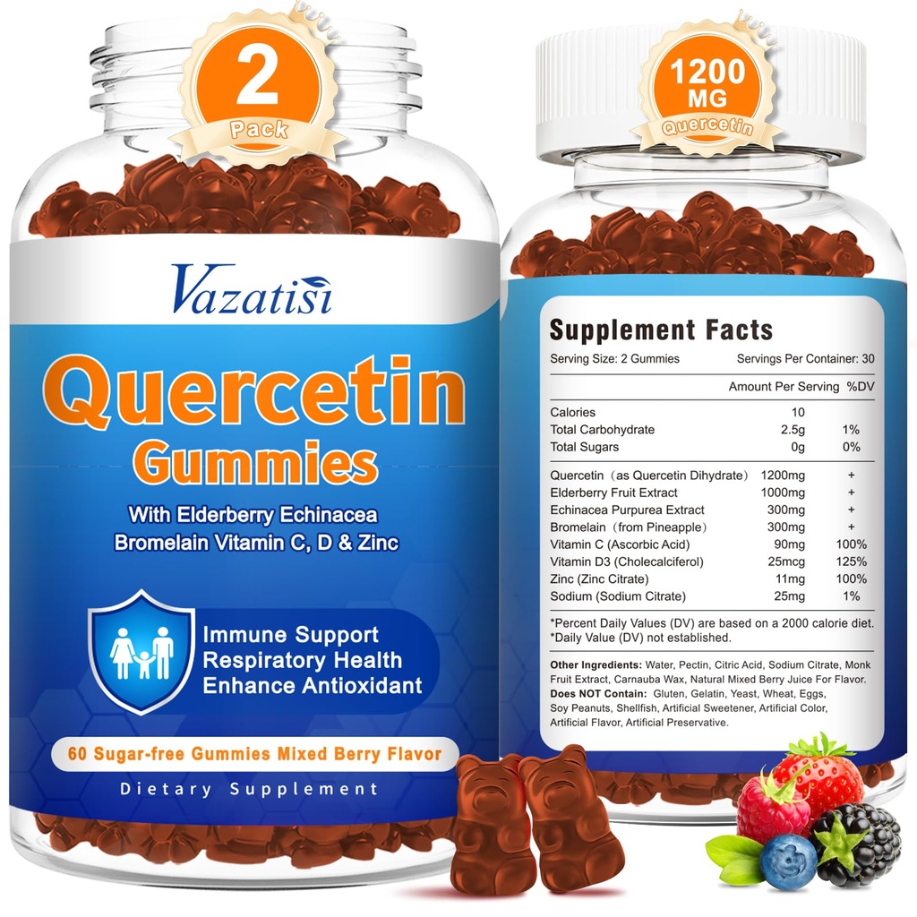 2 pakkaus Quercetin ja bromelaiinilasit, kvarsetiini C-vitamiinin kanssa Sinkki & Elderberry immuunijärjestelmälle ja allergia, purut & Vegan Gummies, sekoitettu Berry Flavor 120 Ct