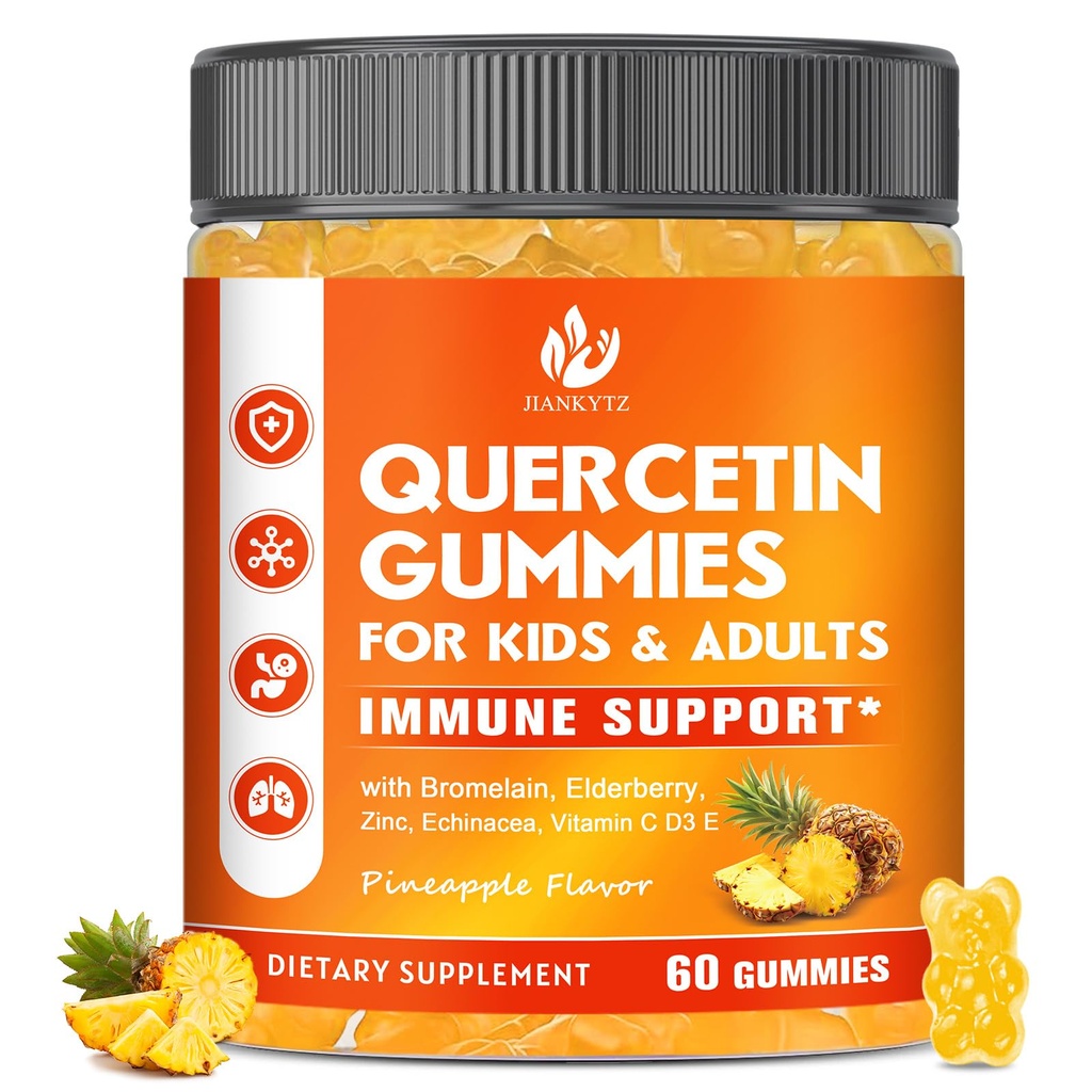 Sokeriton Quercetin ja bromelain Gummies for Kids & Adult - Immuuni, antioksidantti, kausittainen tuki, 1000 mg Quercetin lisäravinteet bromelaiini, sinkki, Elderberry, C-vitamiini D3 E, Vegan, 60