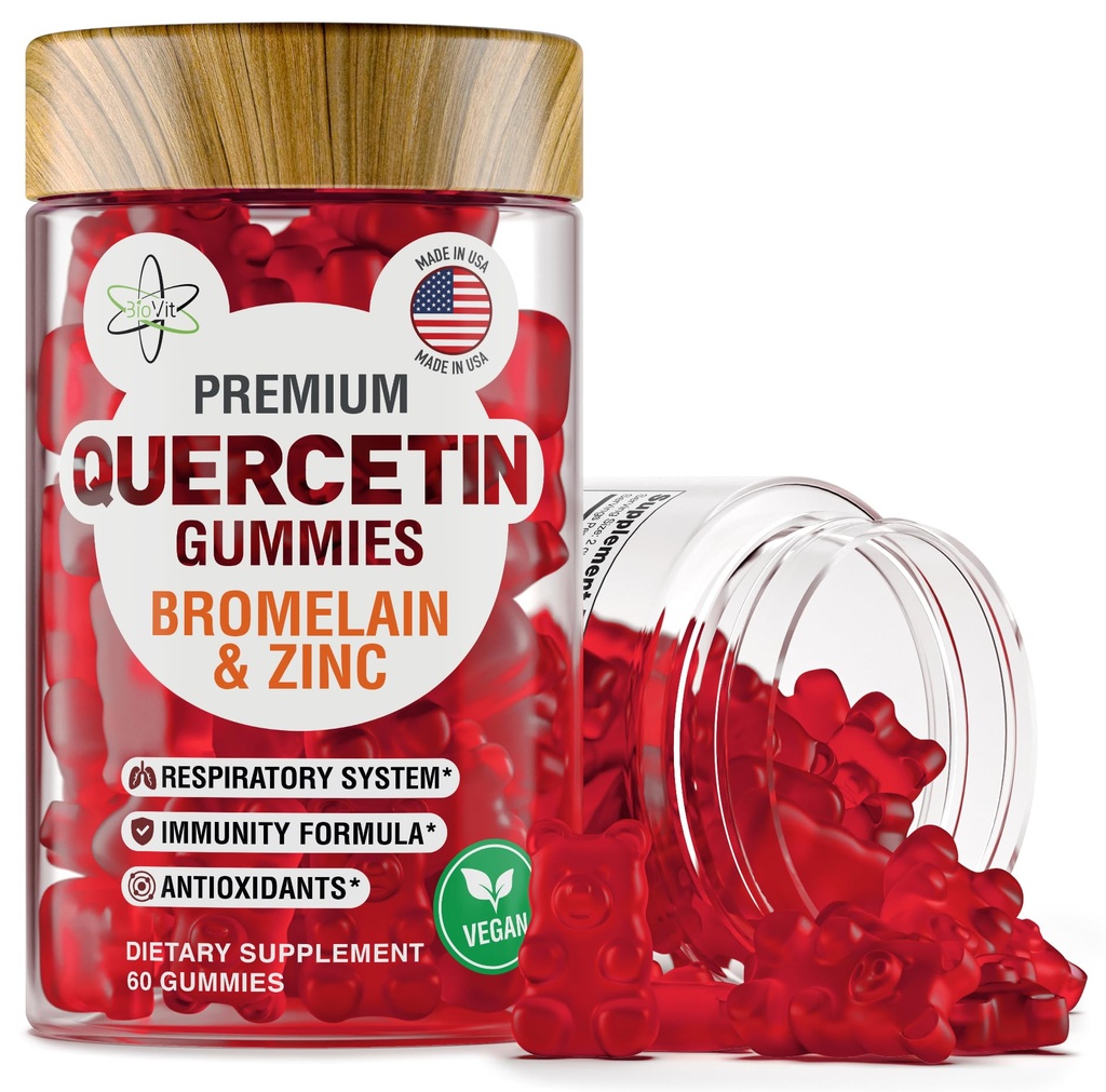 BioVit Quercetin Gummies 500MG - Aktiverad Quercetin för barn & vuxna Immune System & Allergy - Tuggbar med Bromelain, Zink, Vitamin C, vitamin D3 - Tillverkad i USA - 60 Vegan Gummy Björnar