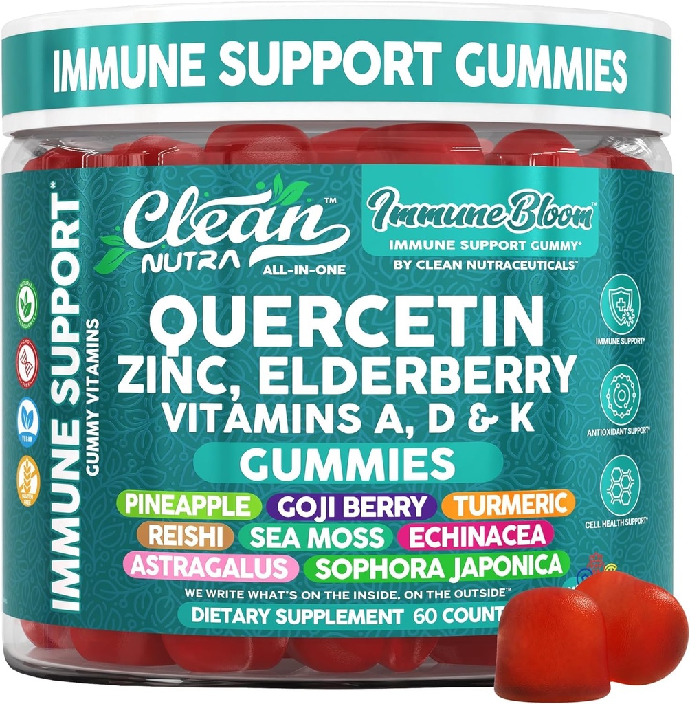 Clean Quercetin Elderberry Immune Support Gummies | Zink Vitamin K2 D3 En Bromelain Goji Berry Turmeric Sea Moss Echinacea Astragalus Selenium Olive Leaf Immunity Supplement Gummy Vitamins
