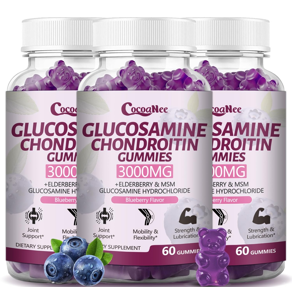 3 pakkausta 3000MG Glukosamiini Chondroitin Gummies, Extra Strength yhteinen tuki täydentää MSM & Elderberry, Joustavuus, antioksidantti immuuni tuki Gummy aikuisille, miehet & naiset 180Cts