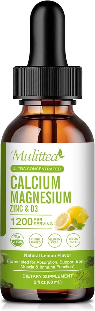 Calcium Magnesium Zink Liquid med vitamin D3, Magnesium Glycinate Plus Vitamin C K2| High Absorption Plant Calcium Supplement för hjärta och ben| Gluten Free, Sugar-Free | 30 Servings | Lemon Flavor