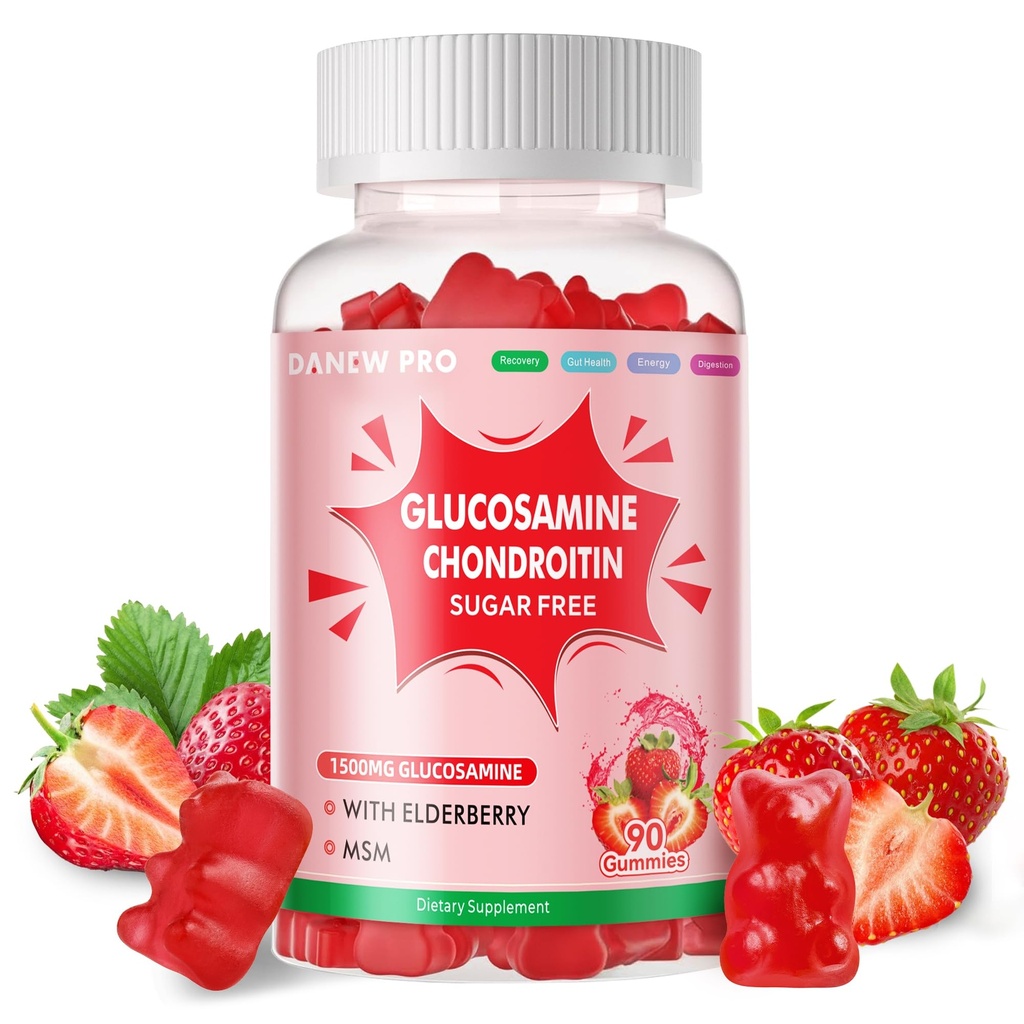 DANEW Pro Glukosamiini Chondroitin Gummies MSM & Elderberry Extra Strength - Joint Support, antioksidanttia immuuni tuki täydentää aikuisille, miehet & naiset.90 Mansikka Gummies