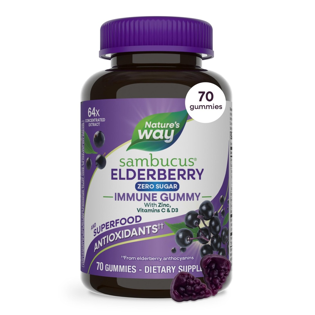 Nature's Way Sambucus Zero Sokeria Immuunit, Päivittäinen Immuuni tuki*, Musta Elderberry uute, C-vitamiini, D3, Sinkki, Sokeriton, Sokeriton, Kasvipohjaiset makeuttajat, 70 Gummy