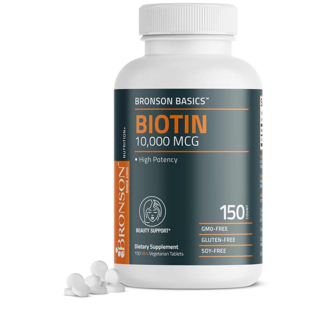 Bronson Biotin 10 000 mcg, tukee terveet hiukset, iho ja kynnet, kasvissyöjä, ei-GMO, 150 tablettia