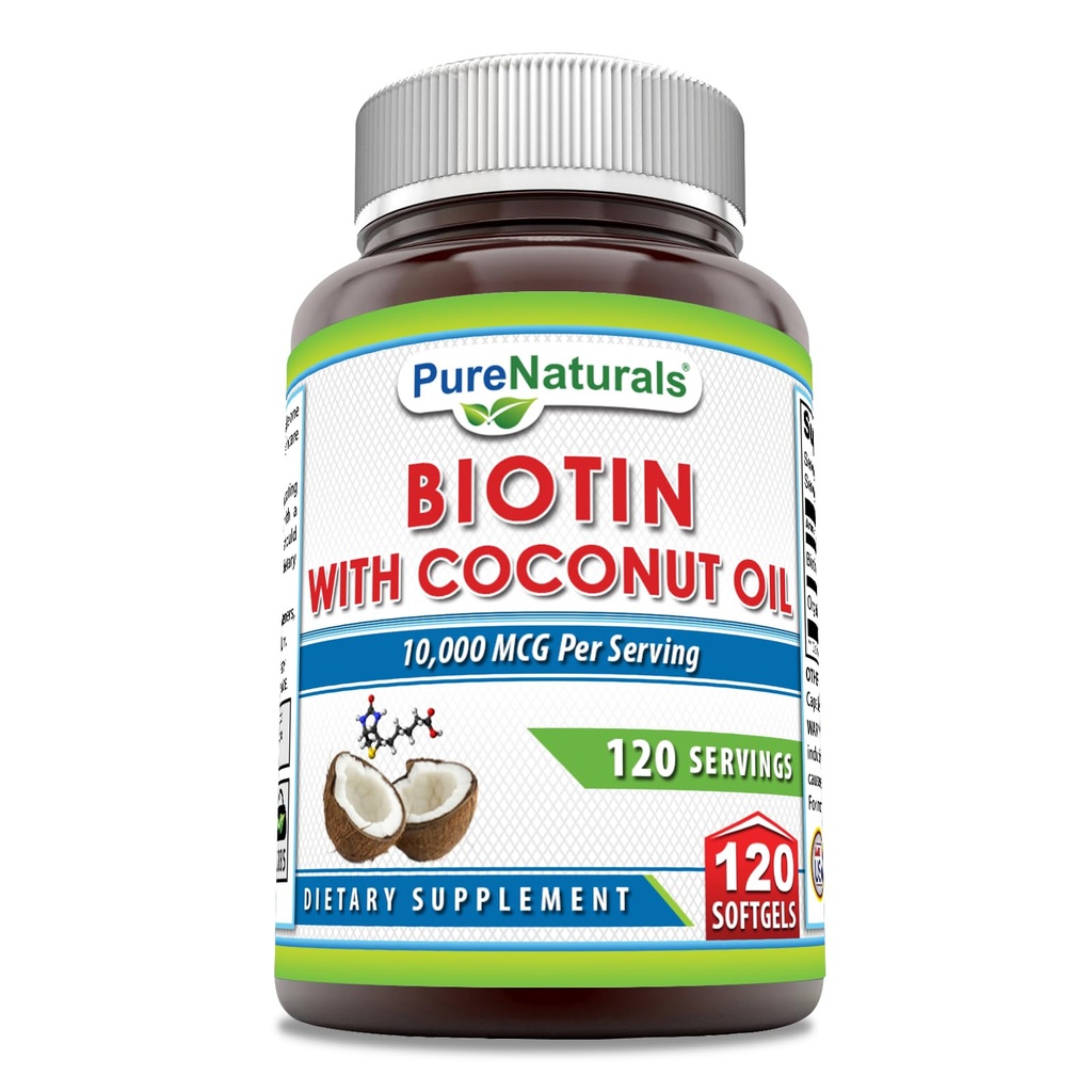 Pure Naturals Biotin 10000 Mcg Extra Neitsyt Organic Coconut Oil 120 Softgels 