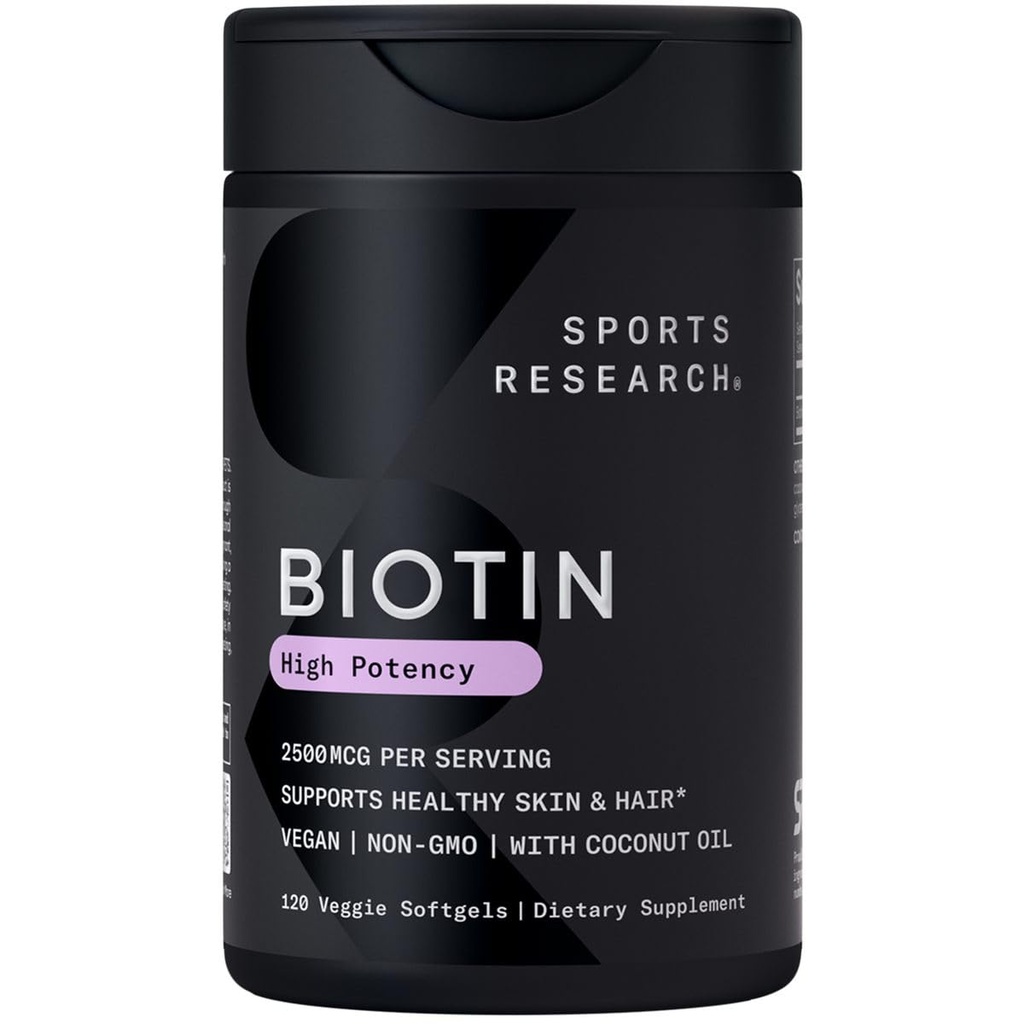Sports Research® Biotin 2500mcg luomukookosöljyllä - Biotin (Vitamin B7) terveeseen ihoon ja hiustenhoitoon* - naisille ja miehille - Vegaani, ei-GMO, Gluteenittomat & soijattomat - 120 kasvissyötteet