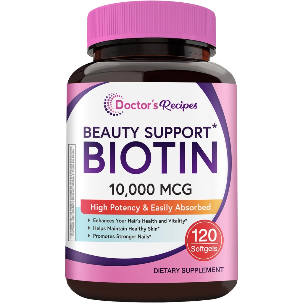 Lääkärin reseptit Biotin 10 000 mcg, korkea teho B7-vitamiini hiuksille, ihon ja kynsien tuki, ei-GMO, Optimal Solutions Hair Vitamiini Biotin, naisille ja miehille, 120 Softgels