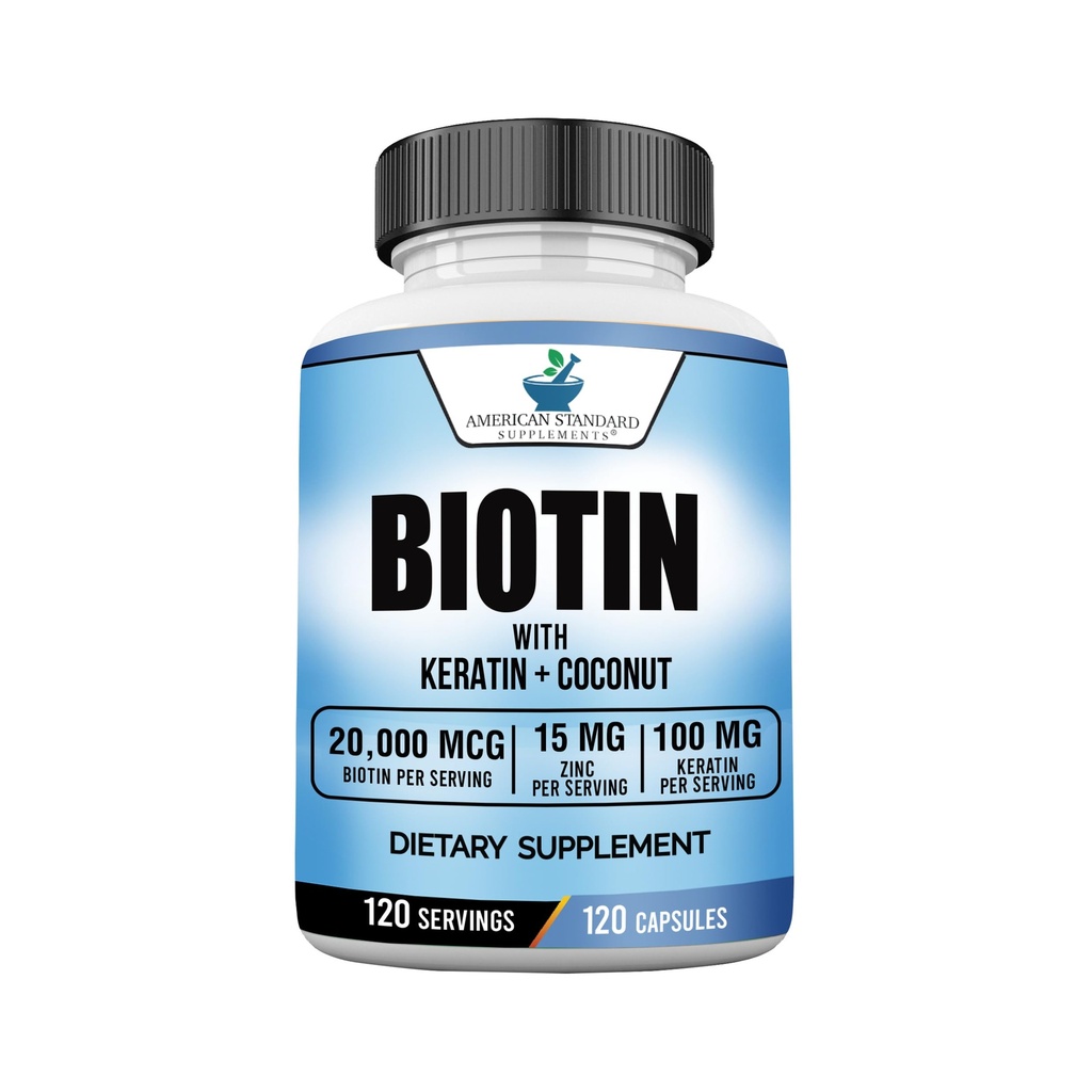 American Standard Supplements Biotin 20 000 mcg Keratin, Coconut Powder ja Sinkki, Biotin Supplement naisten ja miesten, 120 kasviskapselit, 120 päivän tarjonta