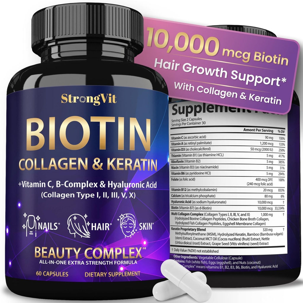 StrongVit Biotin hyaluronihappo, Keratiini ja kollageeni täydentää - 10000 mcg hiusten kasvua naiset ja miehet - hiusten iho ja kynnet vitamiinit - 60 kapselia