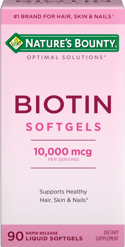 Naturens Bounty Biotin 10000mcg Supplement, stöder hälsosamt hår, hud och naglar, optimala lösningar hårvitamin med Biotin, 90 Rapid Release Liquid Softgels