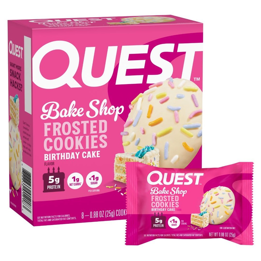 Quest Nutrition Frosted Protein Cookies, födelsedagstårta, <1g Sugar, 5g Protein, 1g Net Carbs, Gluten Free, 8 Cookies