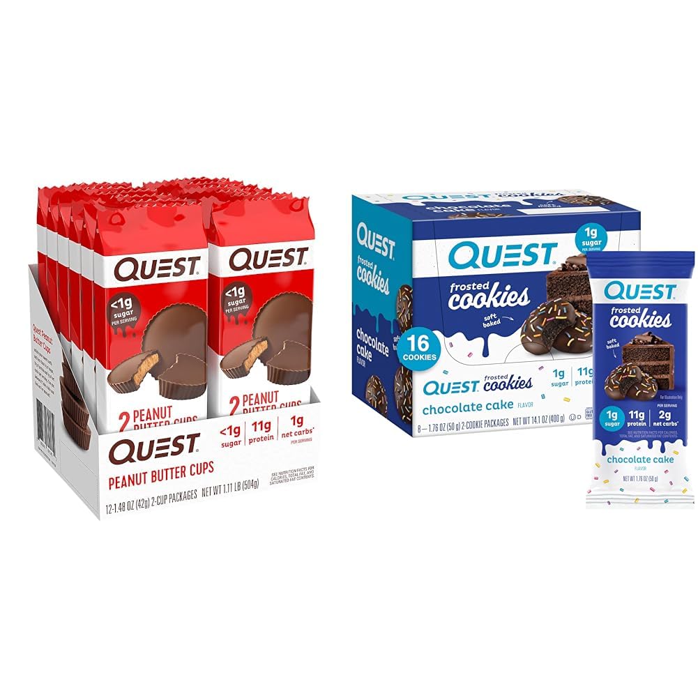 Quest Nutrition High Protein Peanut Butter Cups 12 Count & Chocolate Cake Frosted Cookies Twin Pack, Gluteeniton