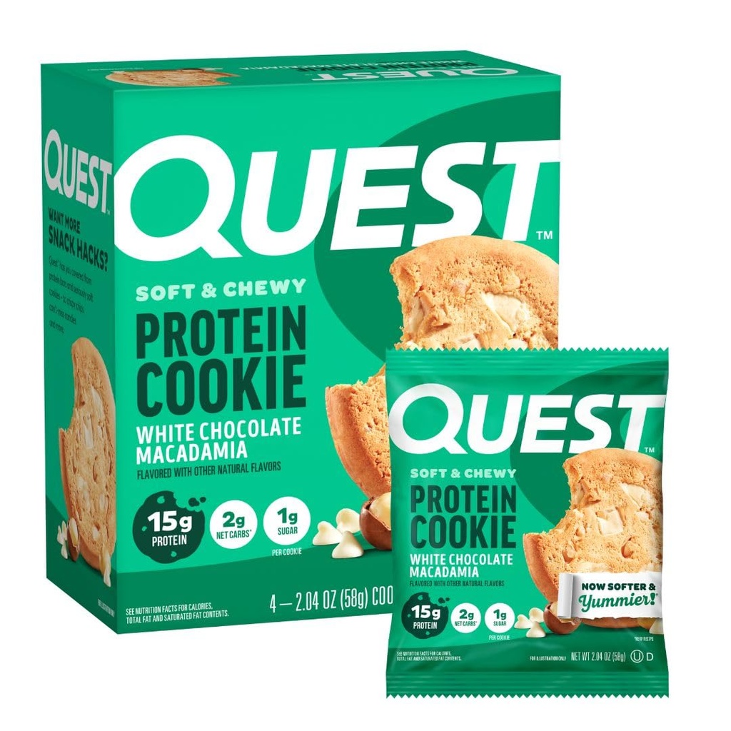Quest Nutrition White Chocolate Macadamia Protein Cookie, 15g proteiinia, 1g sokeria, 2g Net Carbs, Keto Friendly, Korkea proteiini, alhainen karb; 4 kreivi